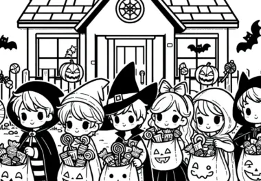 Kinder im Kostüm mit Süßigkeiten in Halloween-Taschen: Kostenloses Ausmalbild