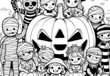 Kinder in Monsterkostümen mit Riesenkürbis: Ausmalbild Halloween (Kostenlos)