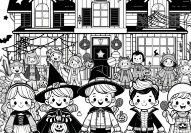 Kinder feiern Halloween vor einem Haus: Halloween-Party zum Ausmalen (Gratis)
