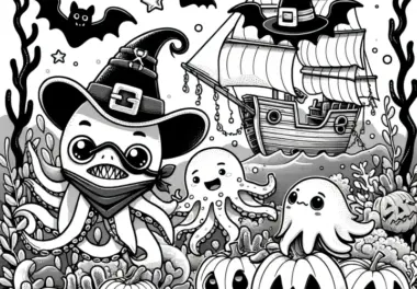 Meerestiere feiern Halloween-Party: Malvorlage zum Download (Gratis)