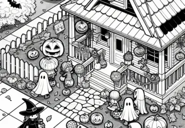 Verkleidete Kinder vor einem Haus: Ausmalbild für Halloween (Gratis)