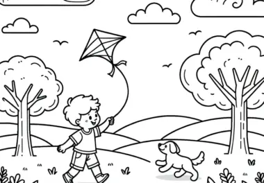 Kind mit Hund lässt Drachen steigen im Herbst: Malvorlage zum Download (Gratis)
