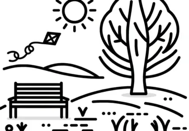 Einfache Malvorlage: Herbstlandschaft, Drachensteigen und Sonnenschein (Gratis)