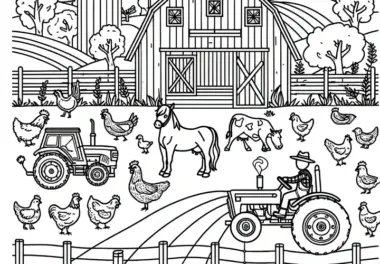 Bauernhof mit Tieren, Feldern, Scheune und Traktor zum Ausmalen (Gratis)