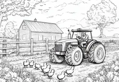 Bauernhof mit Traktor und Küken: Ausmalbild zum Download (Gratis)