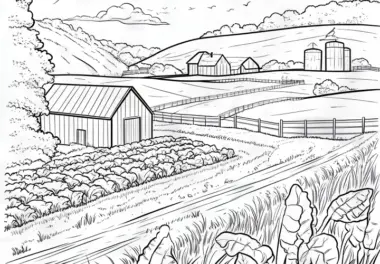 Bauernhof mit Feldern: Landschaft als Ausmalbild (Gratis)
