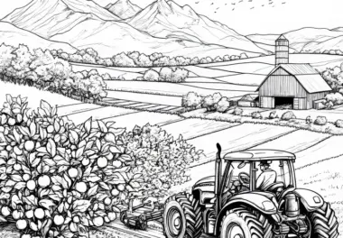 Bauernhof mit Feldweg, Apfelbäumen und Traktor: Malvorlage (Kostenlos)