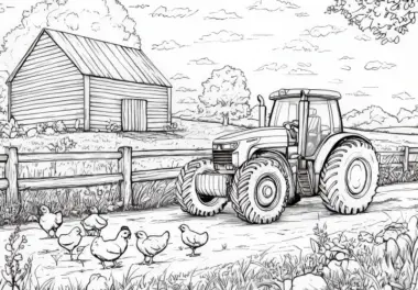 Bauernhof Malvorlage: Traktor auf Feldweg mit Hühnern und Scheune (Gratis)