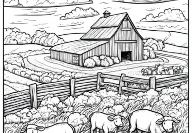 Bauernhof mit großer Scheune umgeben von Feldern und Schafen: Malvorlage zum Download (Gratis)