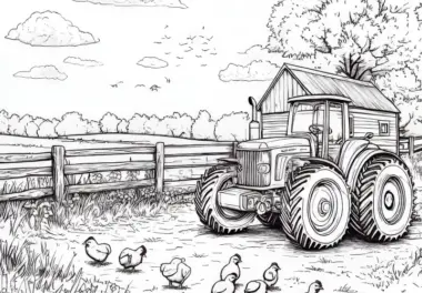 Bauernhof mit Hühnern und Traktor: Ausmalbild kostenlos