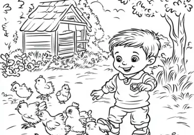 Bauernhof Ausmalbild: Fröhliches Kind mit Küken und Schuppen (Kostenlos)