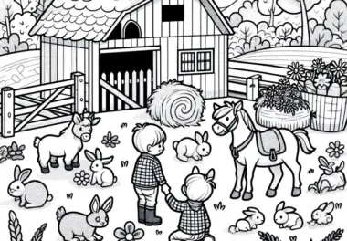 Kinder mit Tieren auf Bauernhof: Malvorlage für Kinder (Kostenlos)