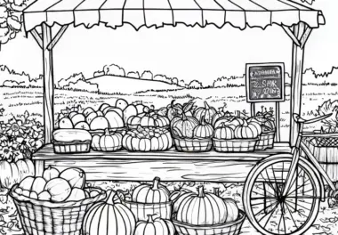 Herbstlicher Stand mit vielen Kürbissen: Malvorlage zum Download (Gratis)