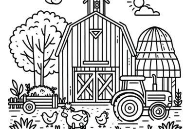 Einfache Malvorlage: Scheune und Traktor auf Bauernhof (Kostenlos)