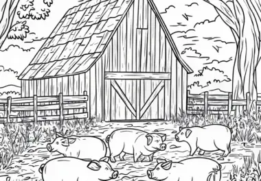 Gratis Malvorlage: Schweine und Scheune im Hintergrund