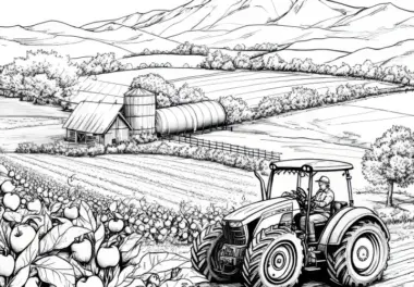 Traktor auf Feldweg und Bauernhof: Malvorlage zum Herunterladen (Gratis)