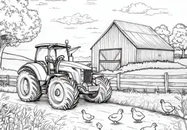 Traktor, Scheune und Hühner: Bauernhof Ausmalbild zum Download (Kostenlos)
