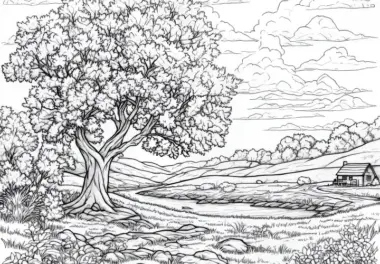 Kleiner Bauernhof mit weiten Feldern und großem Baum: Gratis Ausmalbild