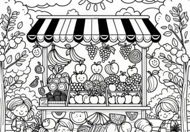 Farbenfroher Obst Verkaufsstand: Ausmalbild zum Herunterladen (Kostenlos)