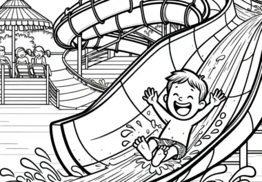Fröhliches Kind auf Wasserrutsche: Ausmalbild zum Download (Kostenlos)