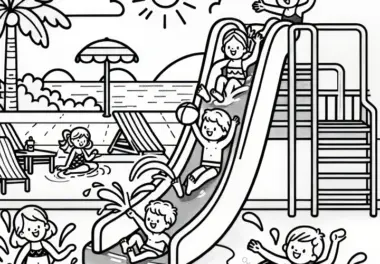 Kinder auf Rutsche und im Pool: Badespaß als Malvorlage (Gratis)