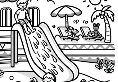 Badespaß mit Pool und Rutschen: Ausmalbild (Gratis)