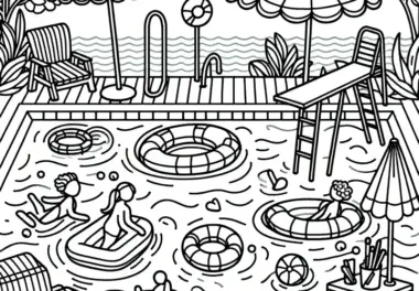 Sommertag im Schwimmbad: Ausmalbild zum Herunterladen (Kostenlos)