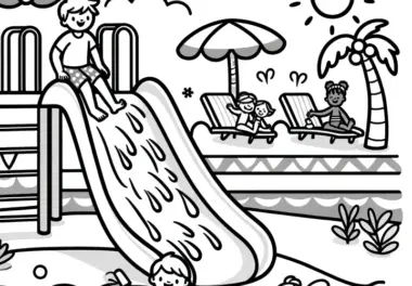 Badespaß im Schwimmbad mit Wasserrutsche und Pool: Ausmalbild zum Herunterladen (Gratis)