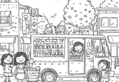 Eiswagen mit Kindern in der Stadt: Malvorlage zum Download (Kostenlos)