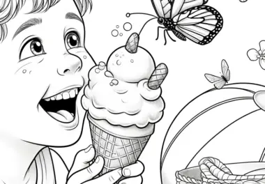 Junge isst Eis mit Schmetterling: Sommerliche Malvorlage (Kostenlos)