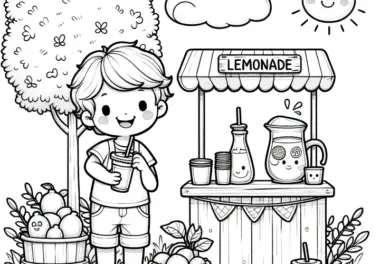 Junge mit Limonadenstand: Ausmalbild zum Download (Gratis)