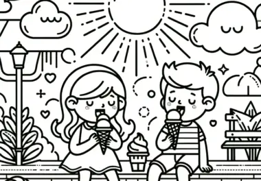 Kinder essen Eis im Park: Kostenloses Ausmalbild zum Download