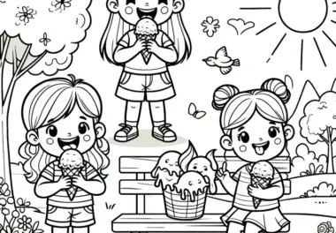 Mädchen beim Eis essen: Ausmalbild zum Download (Gratis)