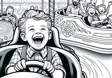 Lachender Junge fährt Autoscooter im Freizeitpark: Malvorlage zum Herunterladen (Gratis)