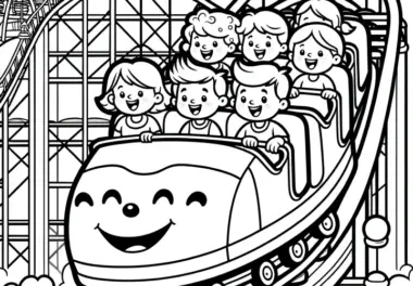 Kinder fahren mit Freude Achterbahn: Malvorlage kostenlos