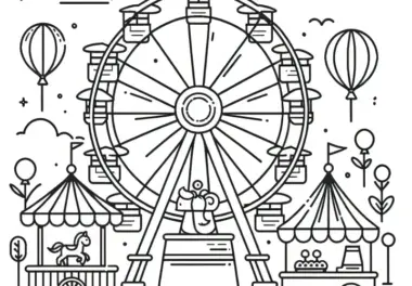 Vergnügungspark mit großem Riesenrad: Malvorlage kostenlos zum Downlaod