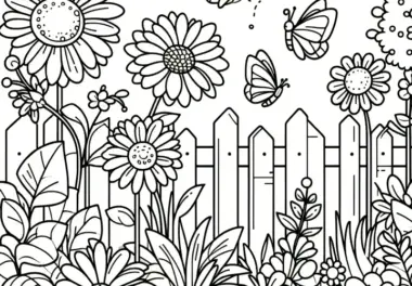 Blumen am Gartenzaun mit Schmetterlingen: Malvorlage gratis