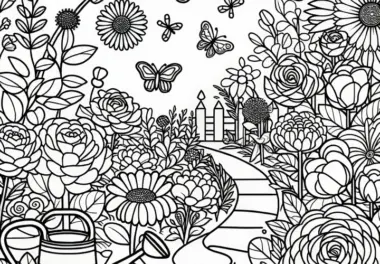 Blumen, Gießkanne und Schmetterlinge im Garten: Ausmalbild zum Download (Gratis)