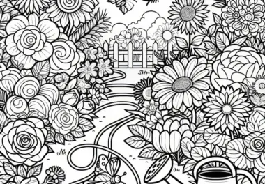 Sommerliches Blumenbild mit Schmetterlingen im Garten: Ausmalbild kostenlos zum Download