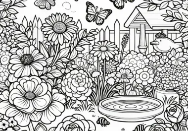 Blumenwiese im Garten mit Vogelhaus: Sommerliches Ausmalbild (Gratis)