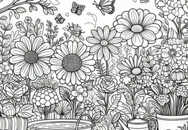 Garten, Blumen und Schmetterlinge: Sommerliche Malvorlage (Kostenlos)