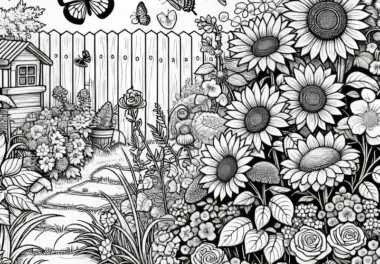 Sonnenblumen, Zaun und Schmetterlinge im Garten: Malvorlage kostenlos