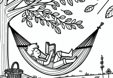 Hängematte im Garten: Ausmalbild zum Herunterladen (Gratis)