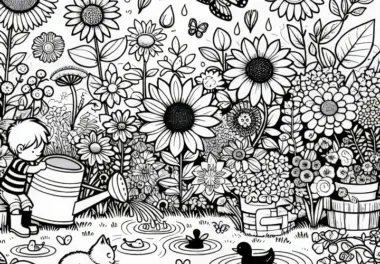 Kind im Garten am kleinen Teich mit Blumen: Ausmalbild gratis