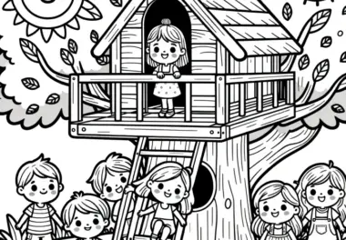 Kinder im Baumhaus: Malvorlage zum Download (Kostenlos)