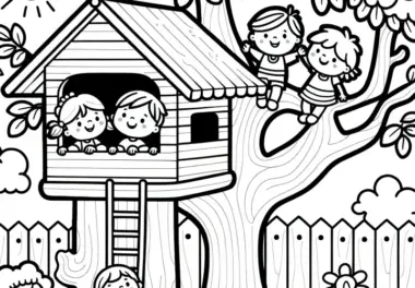 Fröhliche Kinder spielen im Baumhaus: Ausmalbild kostenlos
