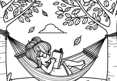 Lesen in der Hängematte im Garten: Malvorlage zum Download (Gratis)