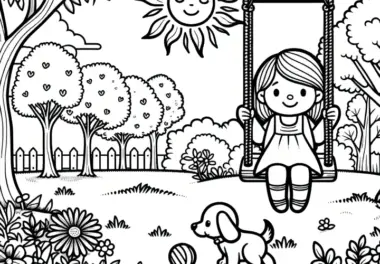 Mädchen auf Schaukel im Garten mit Hund: Ausmalbild gartis