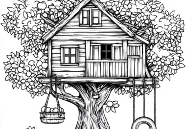 Schönes Baumhaus: Realistische Malvorlage (Kostenlos)