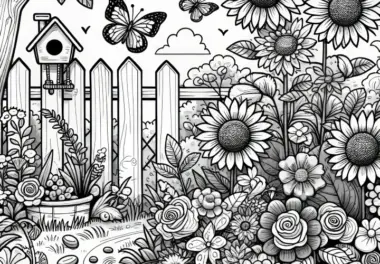 Sommer im Garten mit Sonnenblumen, Schmetterlingen und Vogelhaus: Malvorlage gratis